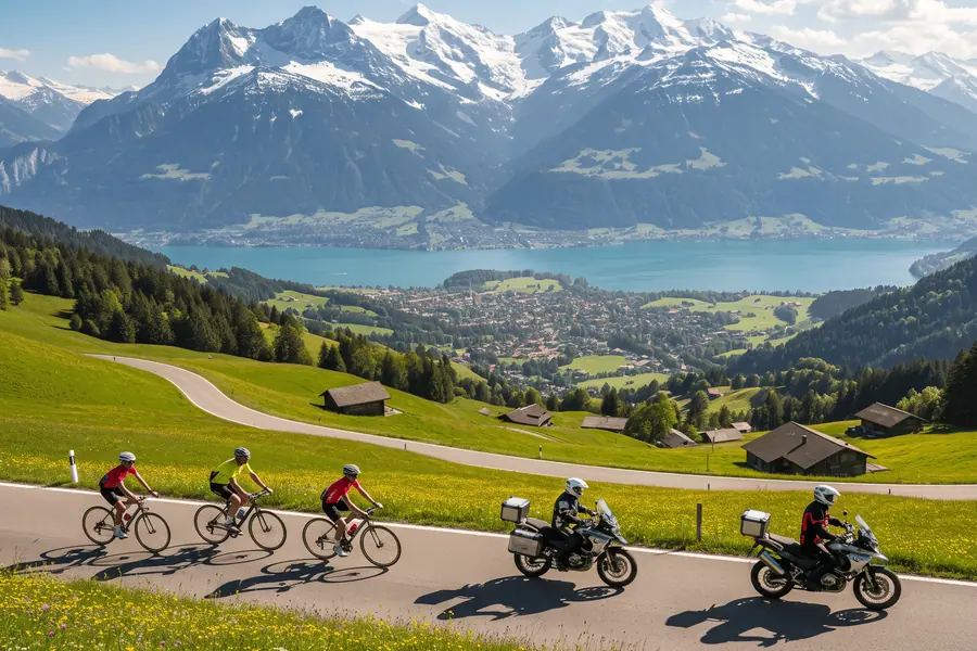 Velofahrer und Motorradfahrer über dem Thunersee