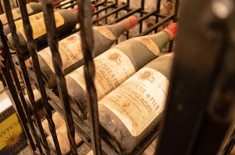 Wine bottles behind a grille in the wine cellar