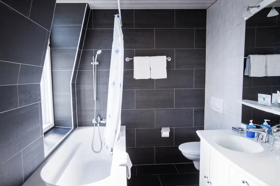 Salle de bains aux carreaux sombres avec baignoire